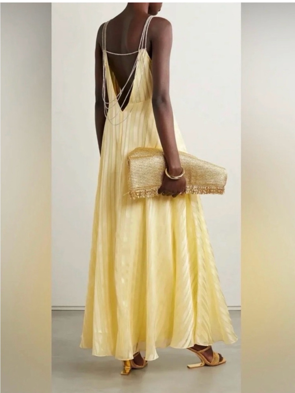 Loveshackfancy DARRALIS Yellow Slip Maxi Dress with Bling Chain Back